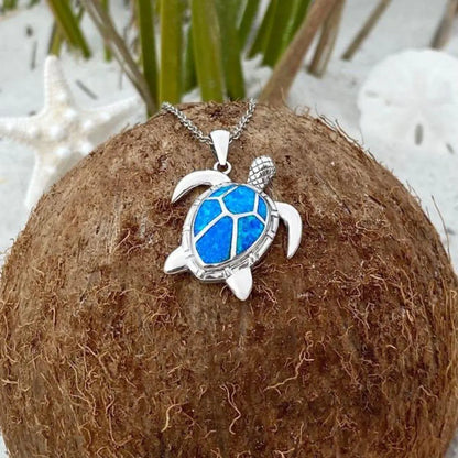 Blue Opal Sea Turtle Necklace Unique Joyas