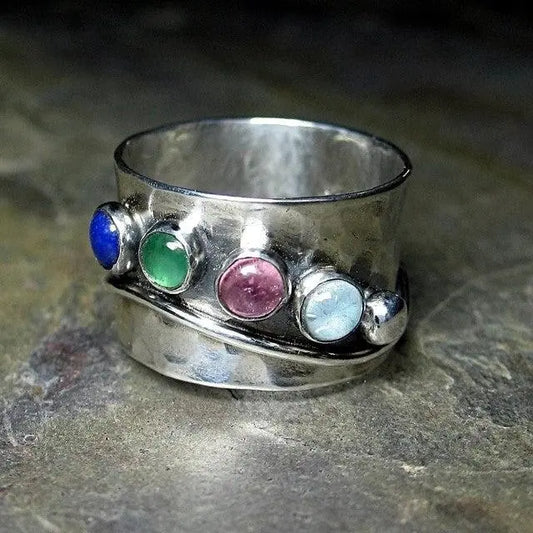 Boho Ring with Multicolored Crystals Unique Joyas